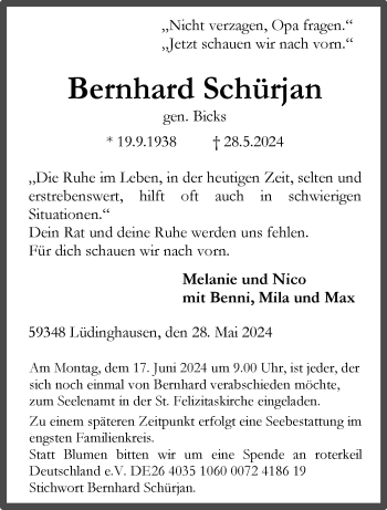 Anzeige von Bernhard Schürjan 