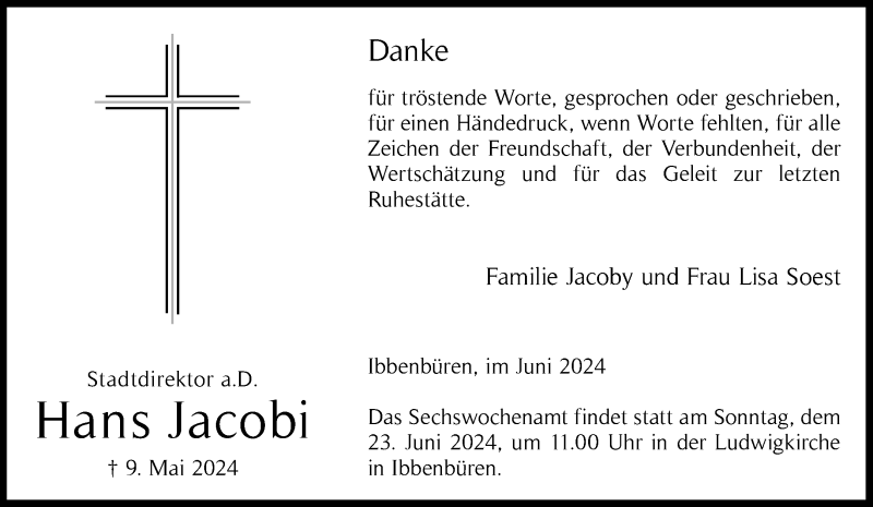  Traueranzeige für Hans Jacobi vom 08.06.2024 aus 