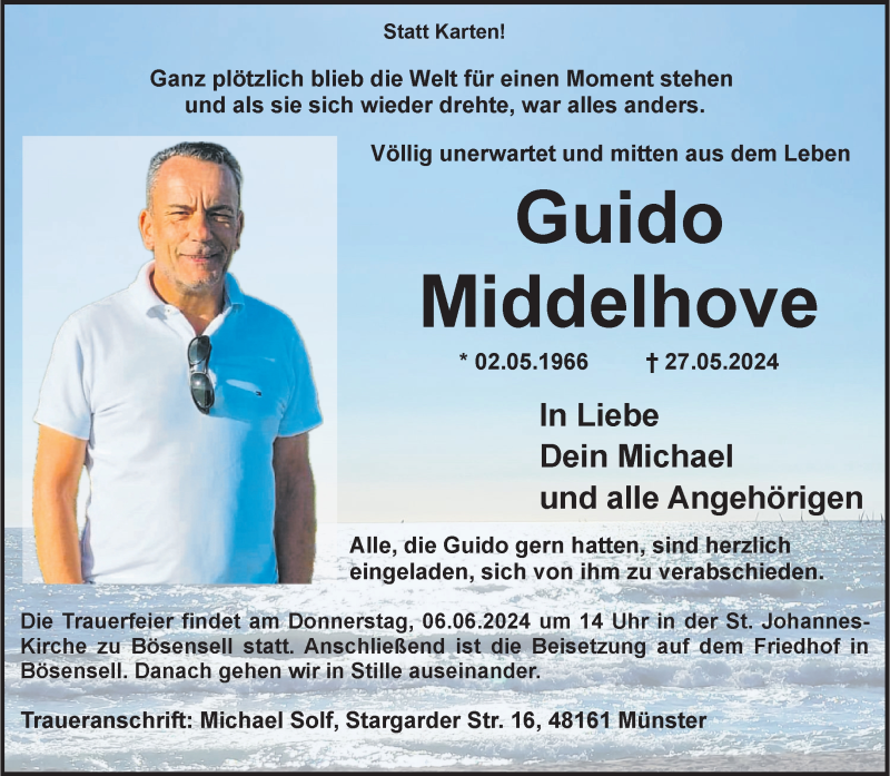  Traueranzeige für Guido Middelhove vom 01.06.2024 aus 