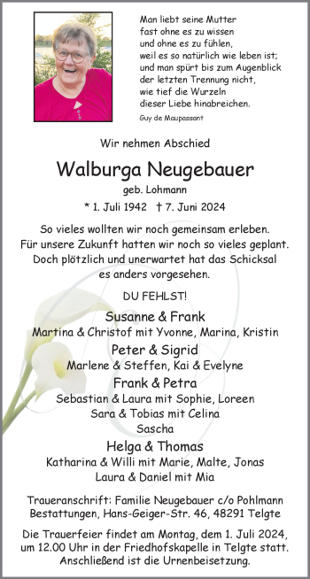 Anzeige von Walburga Neugebauer 