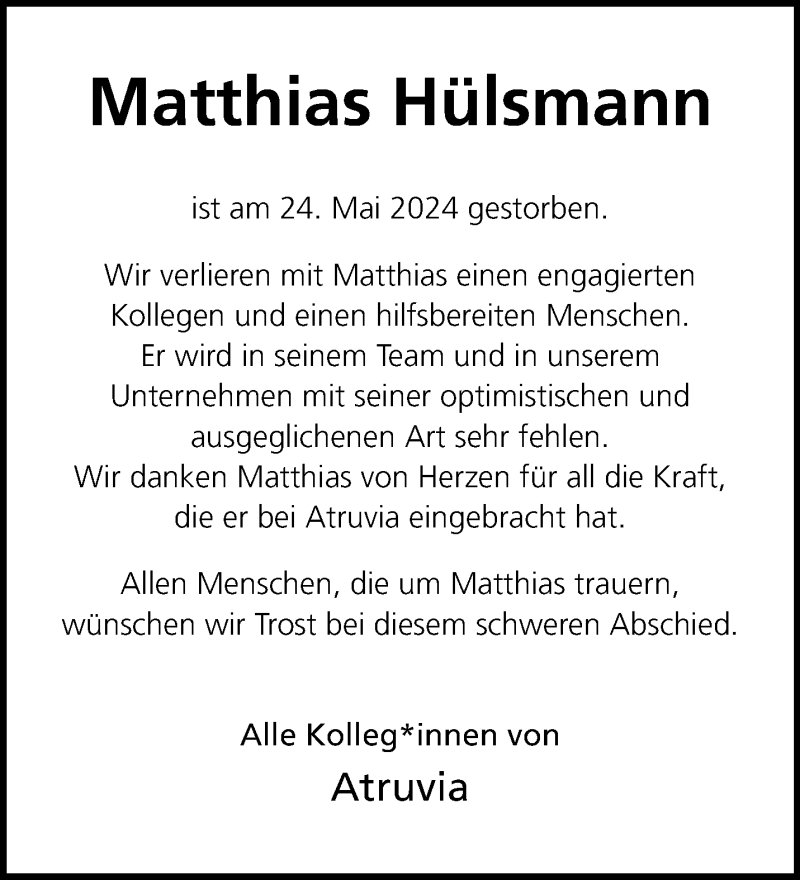  Traueranzeige für Matthias Hülsmann vom 01.06.2024 aus 