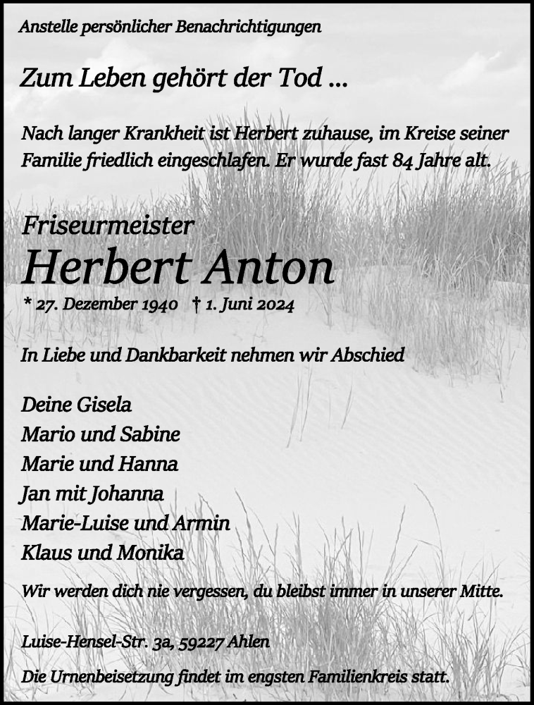  Traueranzeige für Herbert Anton vom 08.06.2024 aus 