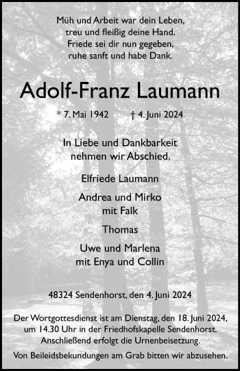 Anzeige von Adolf-Franz Laumann 