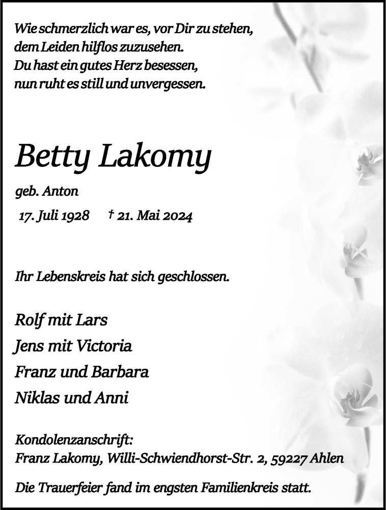  Traueranzeige für Betty Lakomy vom 22.06.2024 aus 