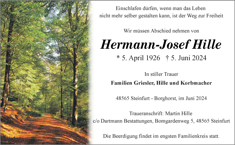  Traueranzeige für Hermann-Josef Hille vom 08.06.2024 aus 