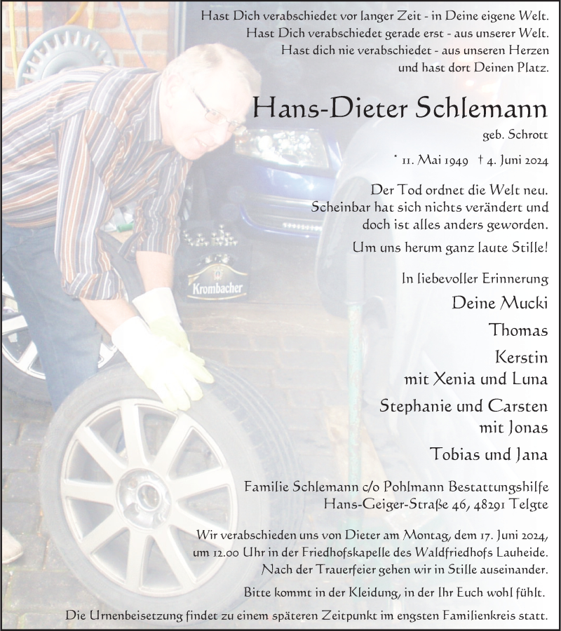  Traueranzeige für Hans-Dieter Schlemann vom 15.06.2024 aus 