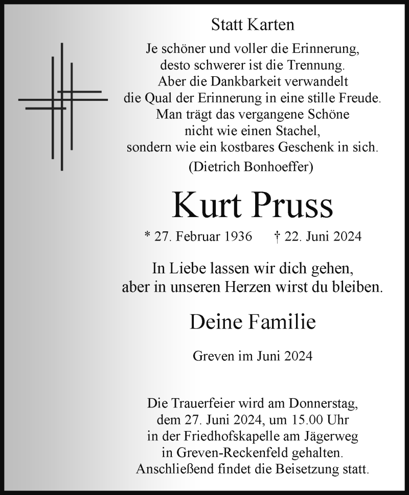  Traueranzeige für Kurt Pruss vom 26.06.2024 aus 