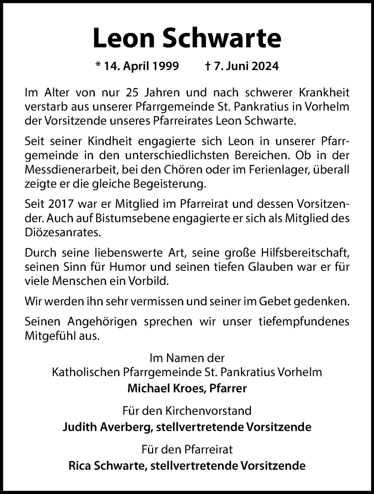  Traueranzeige für Leon Schwarte vom 15.06.2024 aus 