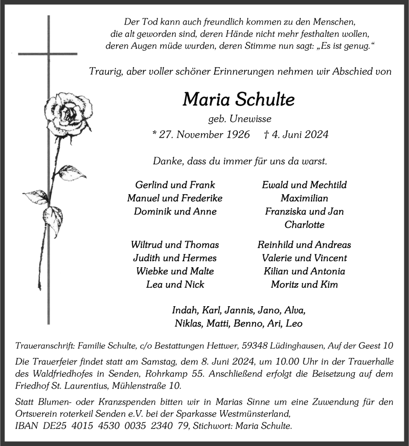  Traueranzeige für Maria Schulte vom 06.06.2024 aus 