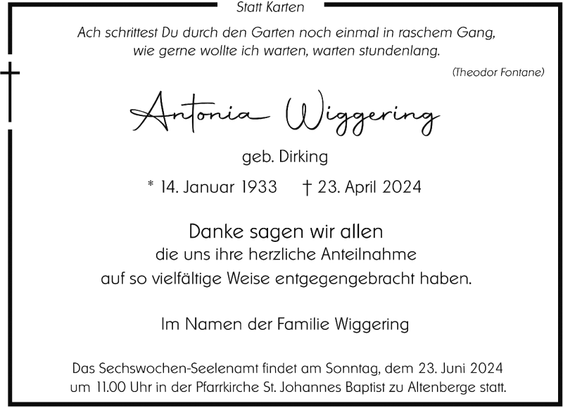  Traueranzeige für Antonia Wiggering vom 22.06.2024 aus 