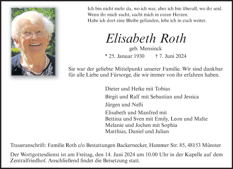  Traueranzeige für Elisabeth Roth vom 12.06.2024 aus 
