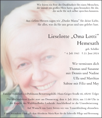 Anzeige von Lieselotte Hemesath 