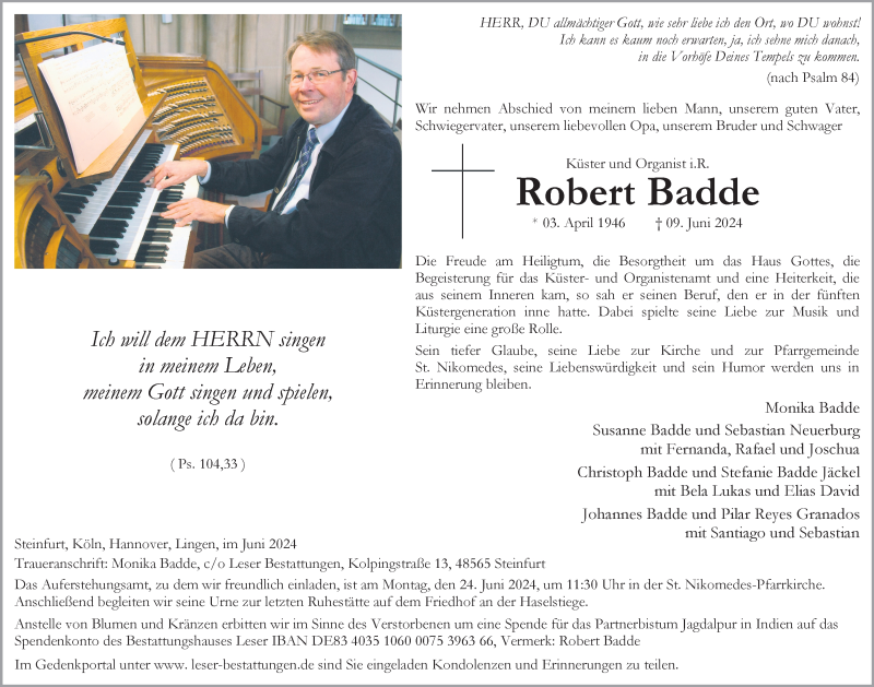  Traueranzeige für Robert Badde vom 15.06.2024 aus 
