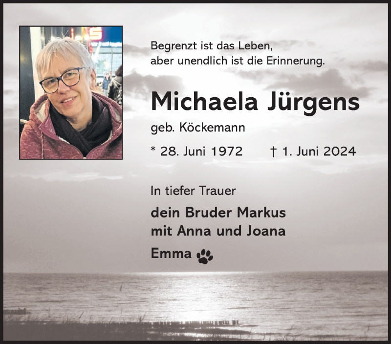  Traueranzeige für Michaela Jürgens vom 22.06.2024 aus 