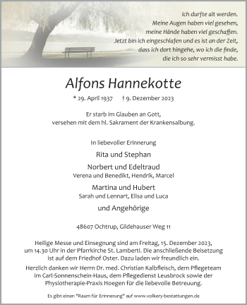 Anzeige von Alfons Hannekotte 