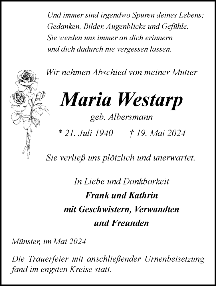  Traueranzeige für Maria Westarp vom 29.06.2024 aus 