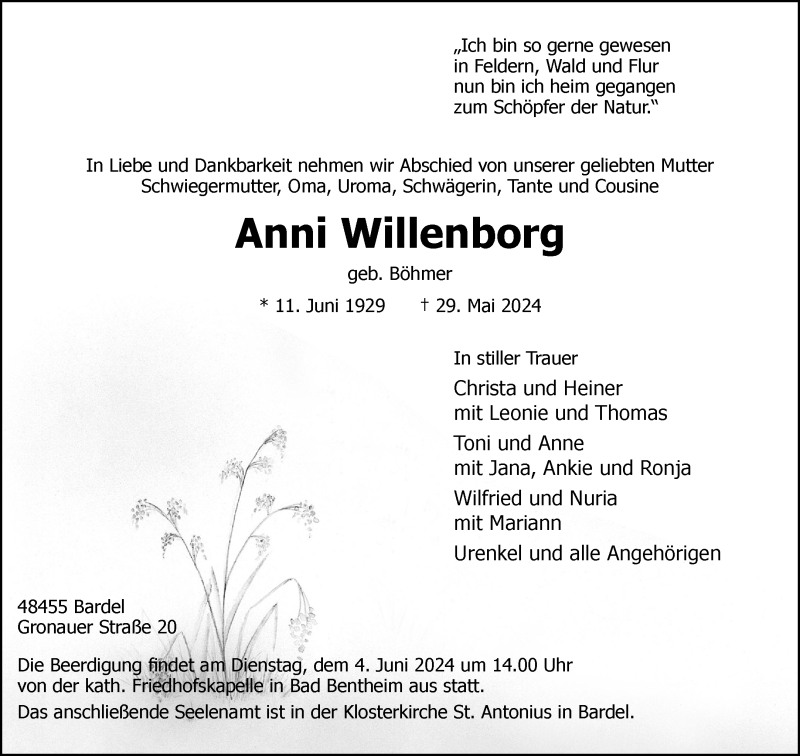  Traueranzeige für Anni Willenborg vom 01.06.2024 aus 