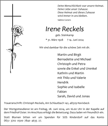 Anzeige von Irene Reckels * 