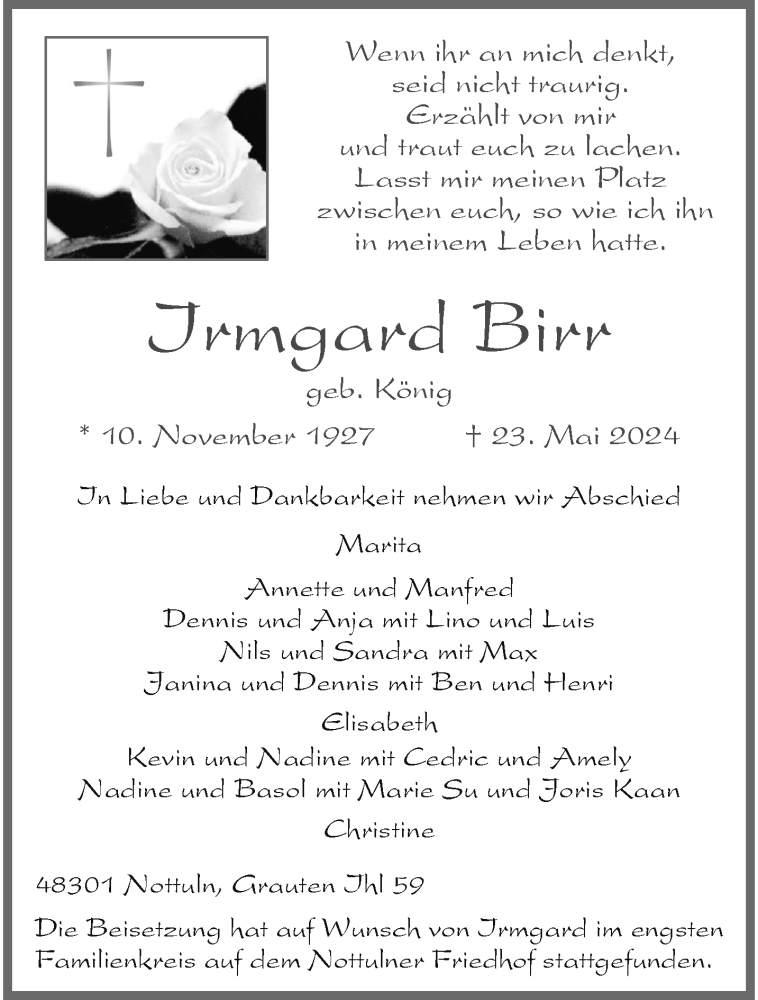  Traueranzeige für Irmgard Birr vom 01.06.2024 aus 