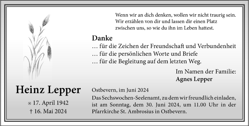  Traueranzeige für Heinz Lepper vom 22.06.2024 aus 