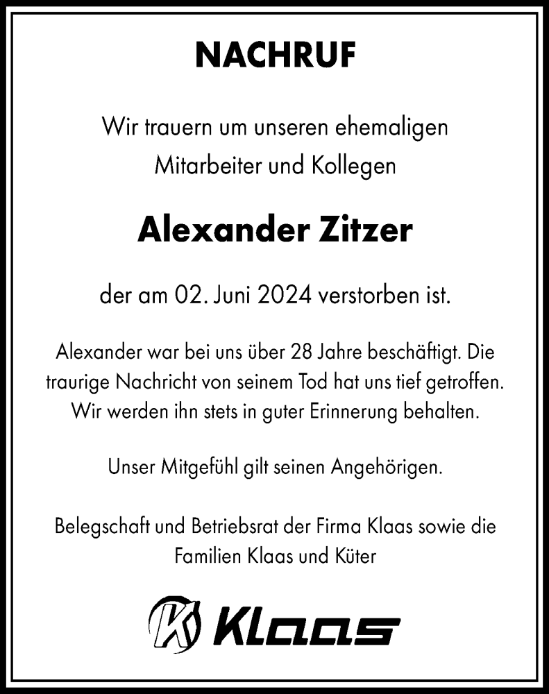  Traueranzeige für Alexander Zitzer vom 07.06.2024 aus 