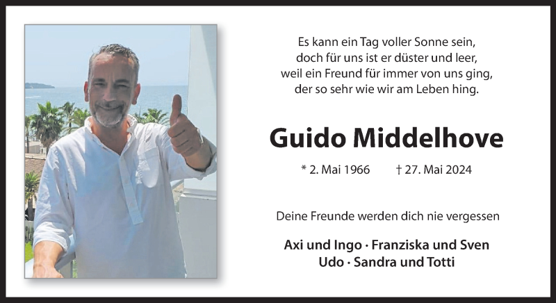 Traueranzeige für Guido Middelhove vom 01.06.2024 aus 