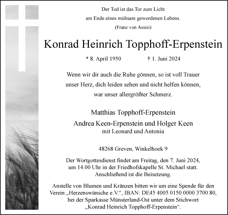  Traueranzeige für Konrad Heinrich Topphoff-Erpenstein vom 05.06.2024 aus 