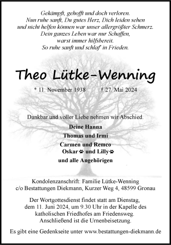 Anzeige von Theo Lütke-Wenning 