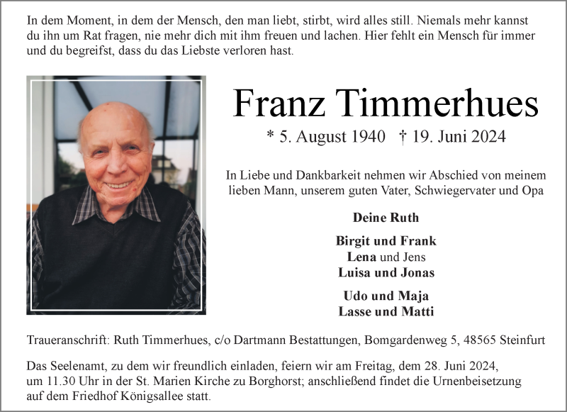  Traueranzeige für Franz Timmerhues vom 22.06.2024 aus 