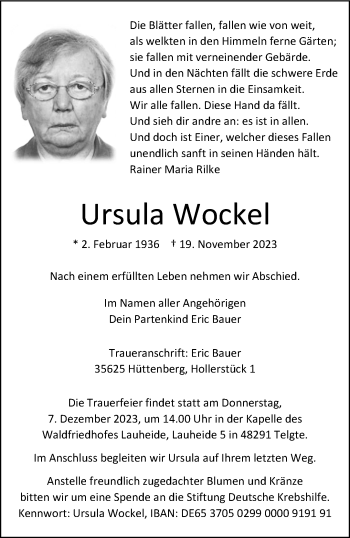 Anzeige von Ursula Wockel 