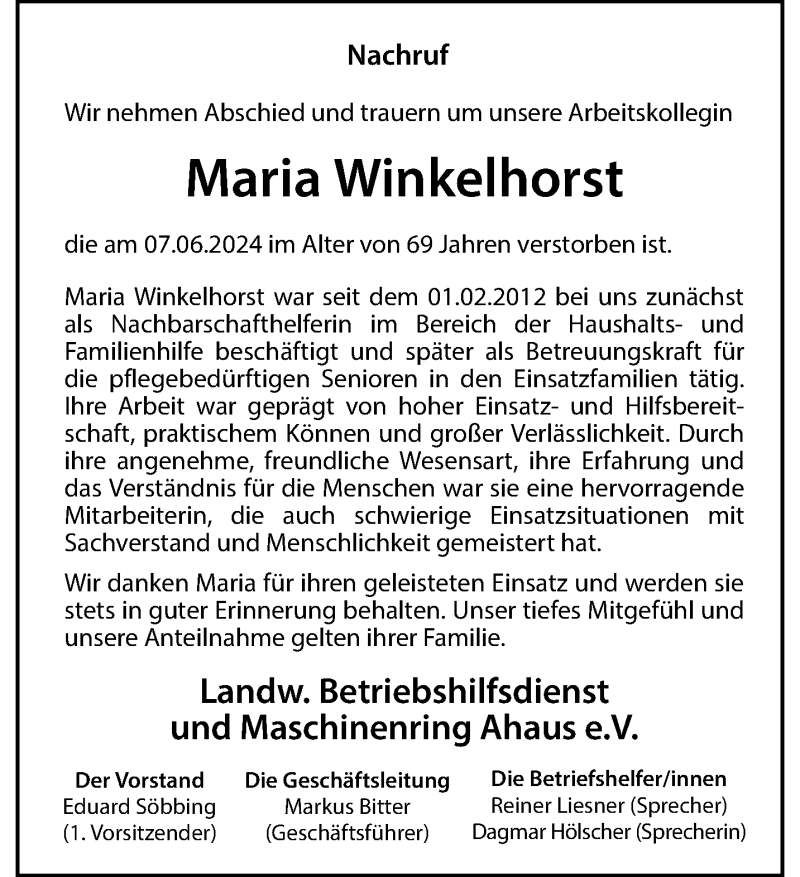  Traueranzeige für Maria Winkelhorst vom 15.06.2024 aus 