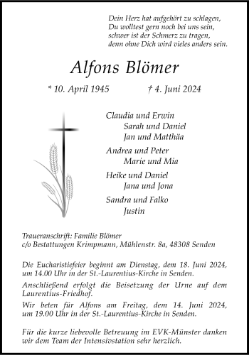 Anzeige von Alfons Blömer 