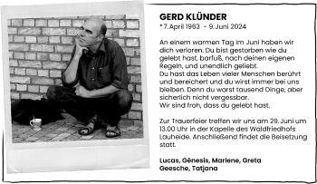 Anzeige von Gerd Klünder 