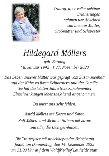 Anzeige von Hildegard Möllers 
