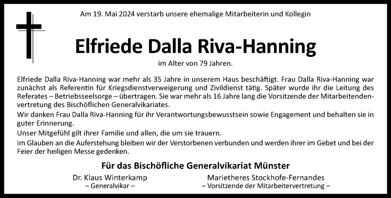  Traueranzeige für Elfriede Maria Dalla Riva vom 01.06.2024 aus 