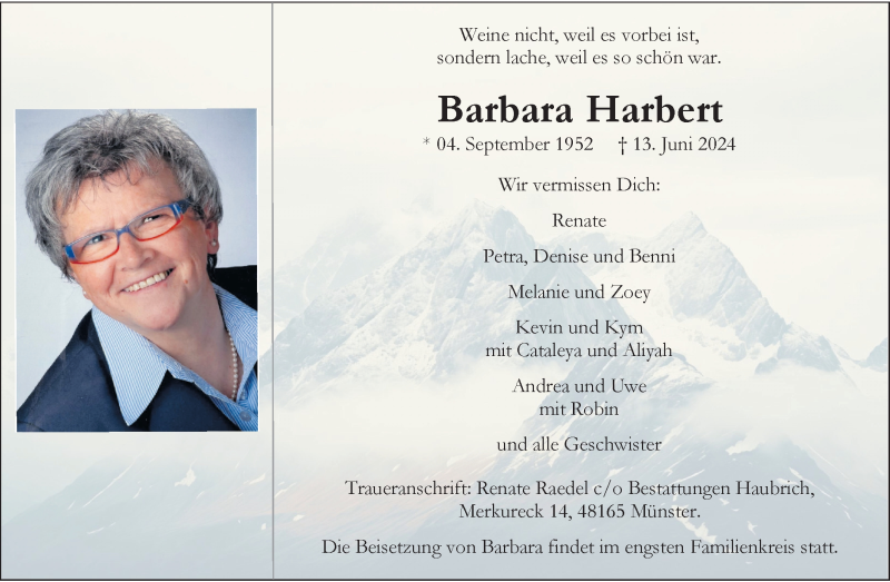  Traueranzeige für Barbara Harbert vom 22.06.2024 aus 
