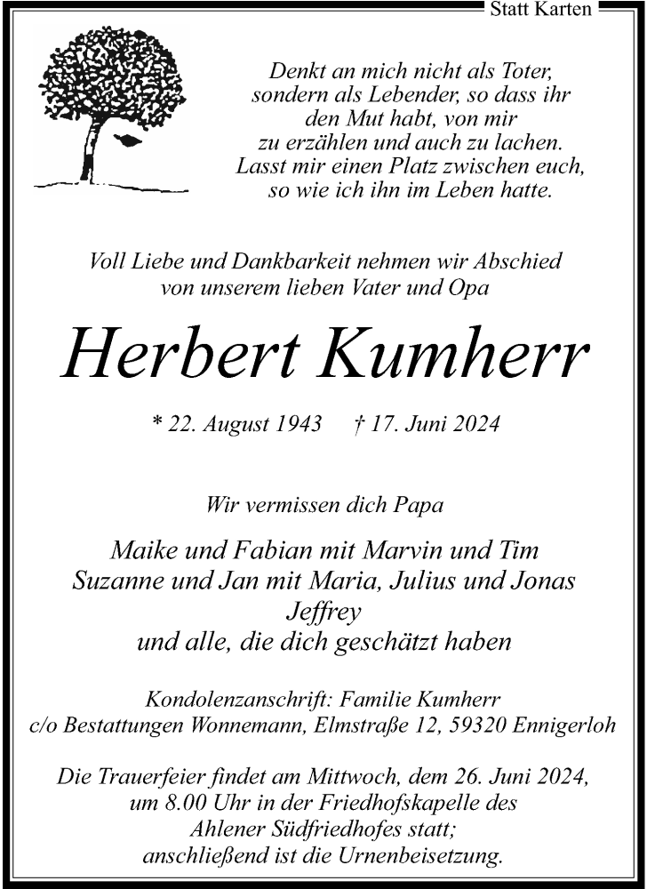  Traueranzeige für Herbert Kumherr vom 22.06.2024 aus 