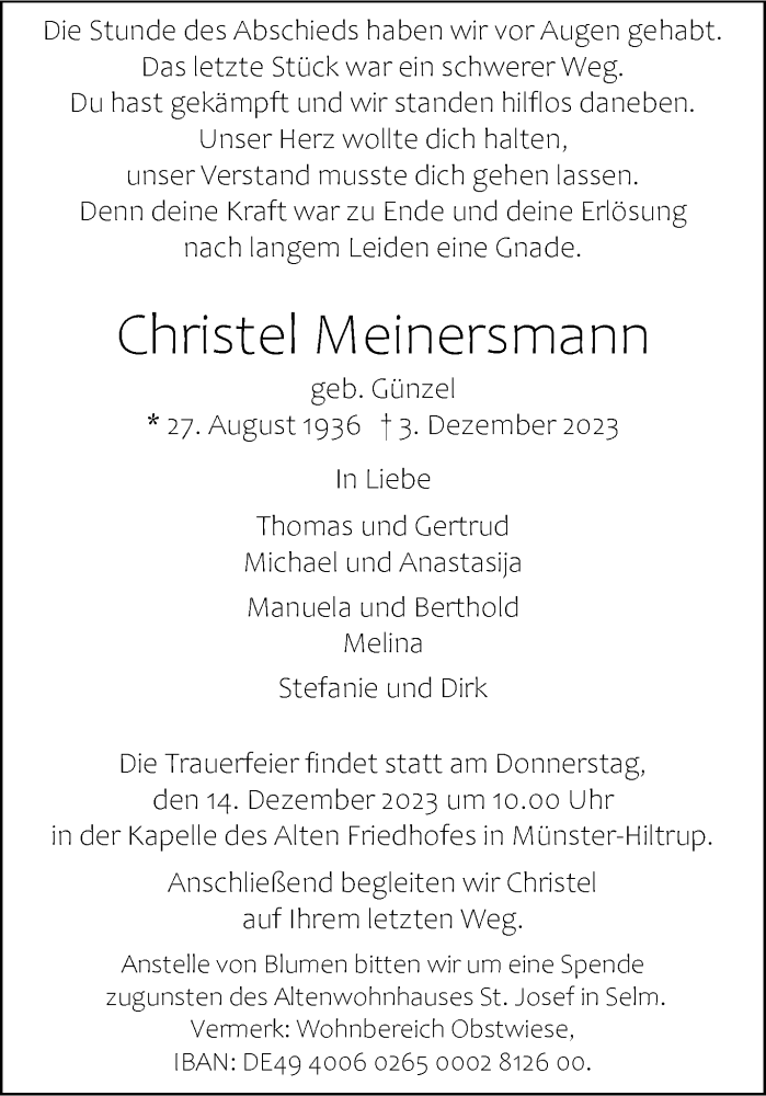  Traueranzeige für Christel Meinersmann vom 09.12.2023 aus 