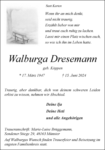 Anzeige von Walburga Dresemann 