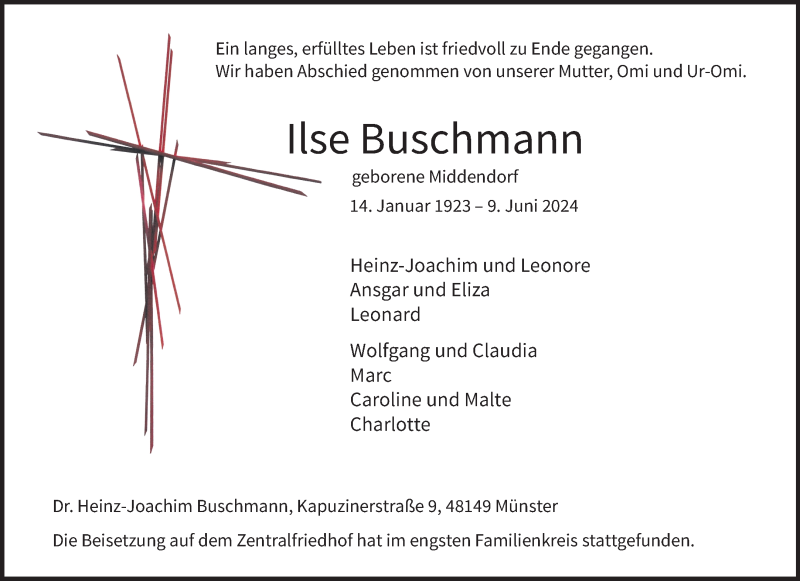  Traueranzeige für Ilse Buschmann vom 19.06.2024 aus 