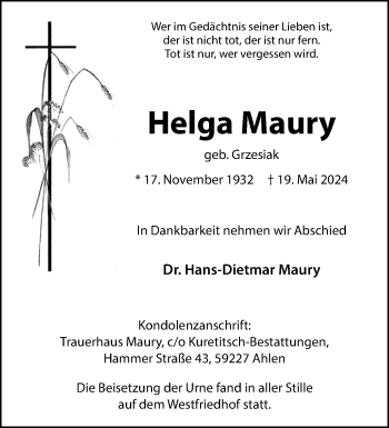 Anzeige von Helga Maury 