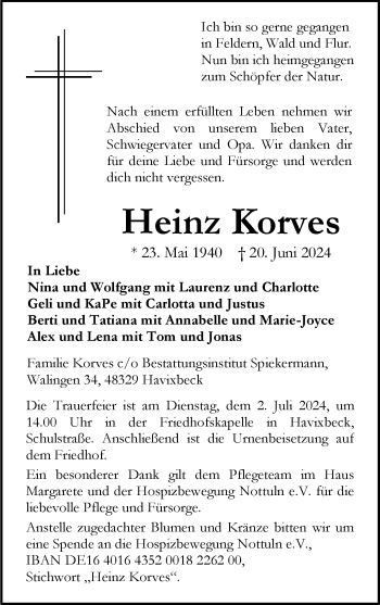 Anzeige von Heinz Korves 