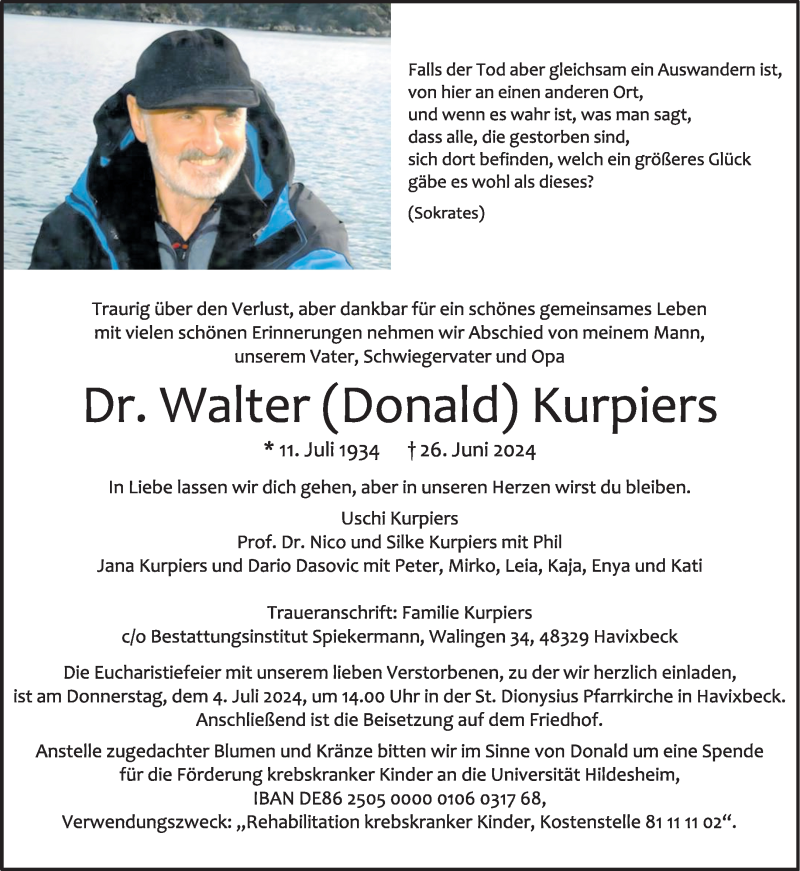  Traueranzeige für Dr. Walter Kurpiers vom 29.06.2024 aus 