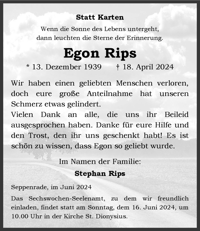  Traueranzeige für Egon Rips vom 08.06.2024 aus 