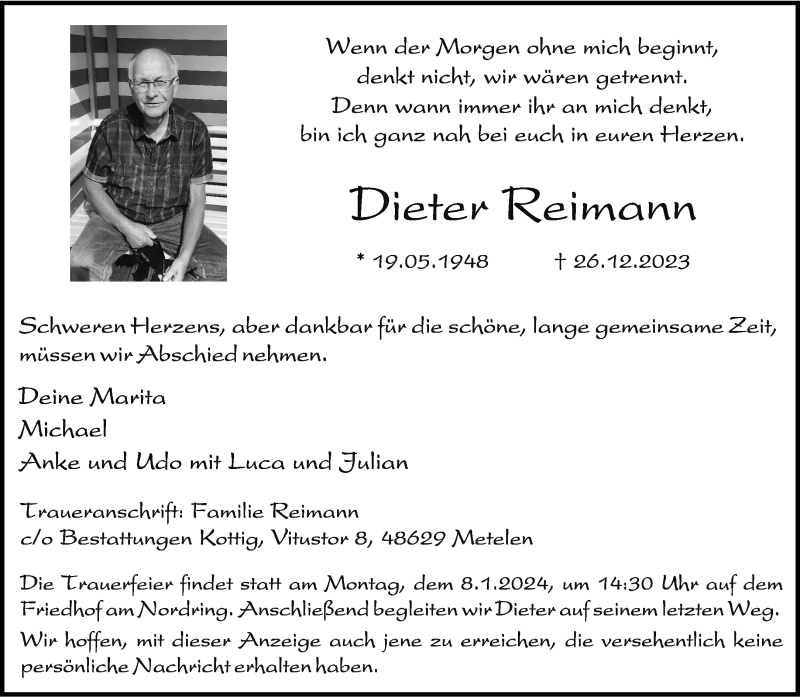  Traueranzeige für Dieter Reimann vom 04.01.2024 aus 