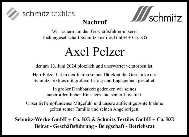  Traueranzeige für Axel Pelzer vom 28.06.2024 aus 