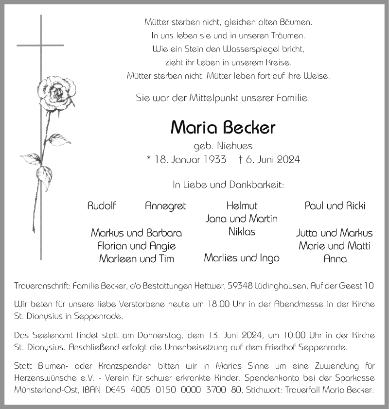  Traueranzeige für Maria Becker vom 08.06.2024 aus 