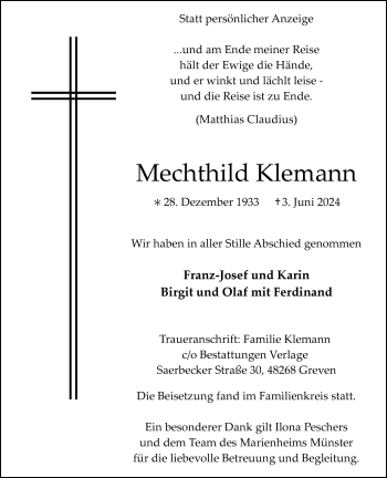Anzeige von Mechthild Klemann 