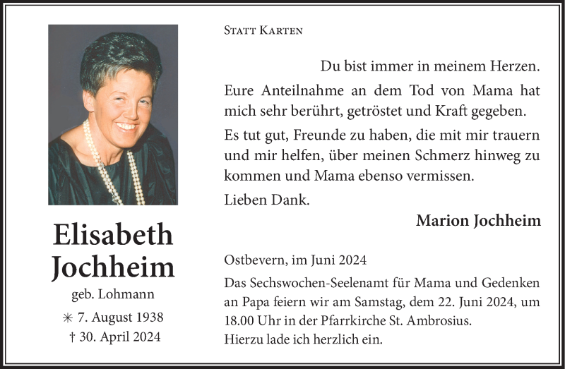  Traueranzeige für Elisabeth Jochheim vom 15.06.2024 aus 