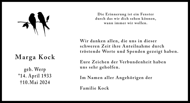  Traueranzeige für Marga Kock vom 15.06.2024 aus 
